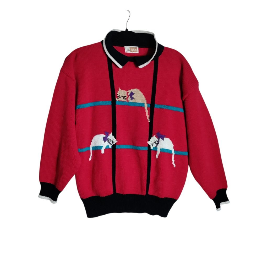 Vintage I'm Inflaks Red Cat Intarsia Knit Sweater Polo Collar Retro 80s 90s